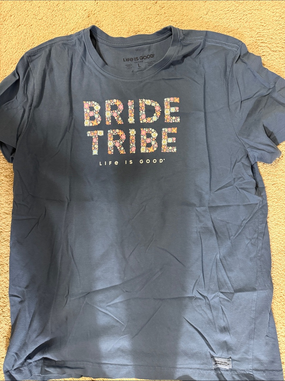 Life Is Good Navy womens Tee with Multicolor Floral "Bride Tribe" Graphic
